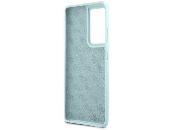 Guess GUHCS21LLSLMGLB S21 Ultra hardt deksel i silikon-look med metal-logo, blå