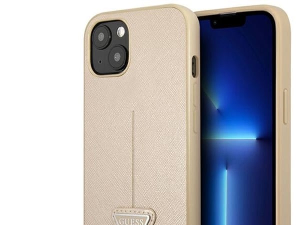 Guess GUHCP13SPSATLE iPhone 13 mini 5,4 tommer mindre/beige hardt deksel SaffianoTriangle Logo