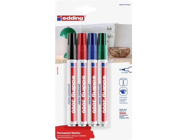 edding 3000 - Markør - permanent - svart, rød, blå, grønn - 1.5-3 mm (en pakke 4)