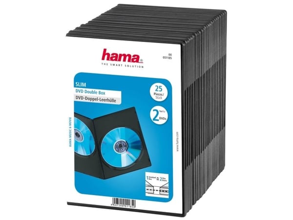 Hama DVD Slim Double-Box - Lagrings-DVD smal jewel case - kapasitet: 2 DVD - svart (en pakke 25)