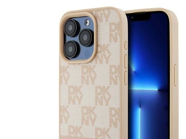 DKNY skinnrutemønster med trykte striper-deksel til iPhone 15 Pro Max - Rosa