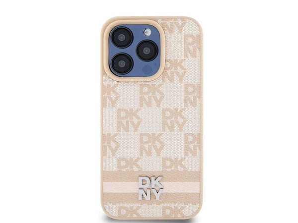 DKNY skinnrutemønster med trykte striper-deksel til iPhone 15 Pro Max - Rosa