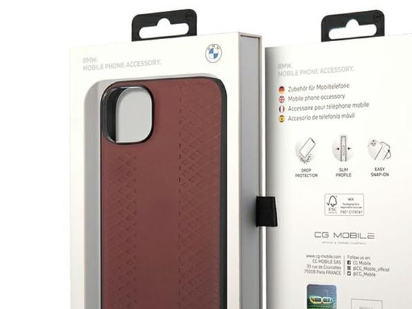 BMW BMHCP14S22RFGR hardt deksel til Apple iPhone 14/15/13 6,1" burgunder lær diamantmønster