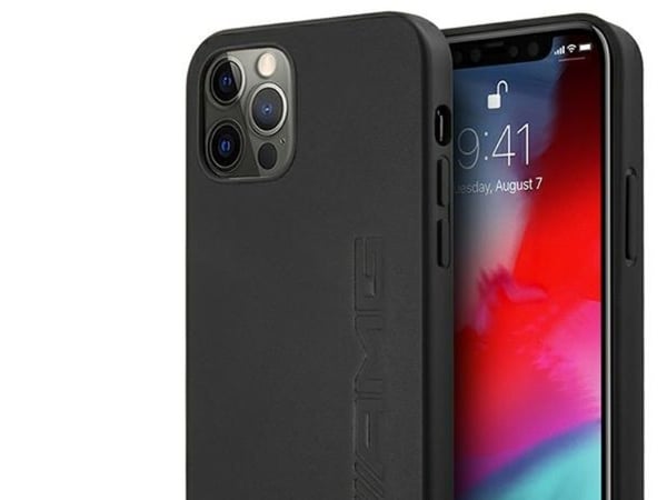 AMG AMHCP12LDOLBK iPhone 12 Pro Max 6,7" svart hardcase lær hot stamped