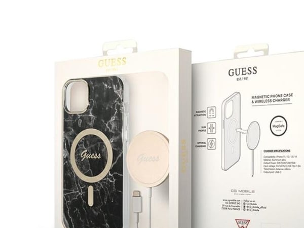 Guess set till iPhone 14 6,1" fodral + laddare GUBPP14SHMEACSK svart/svart hårt fodral Marble MagSafe