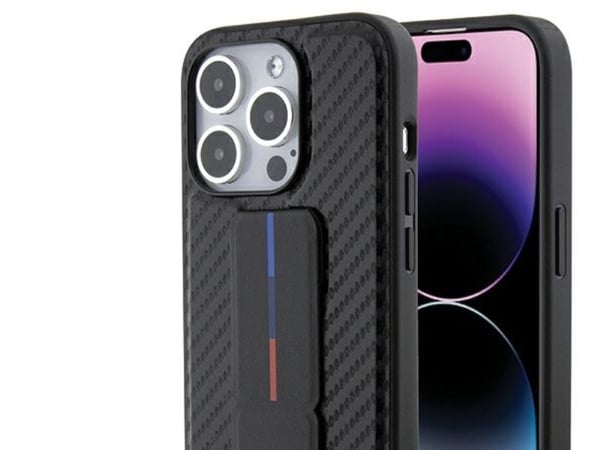 BMW BMHCP15LGSPCCK iPhone 15 Pro 6,1" svart hardcase Grip Stand Smooth & Carbon