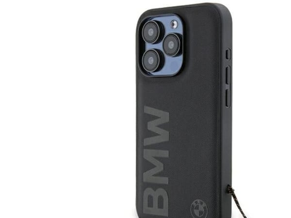Skal BMW BMHCP15L23RMRLK för Apple iPhone 15 Pro 6,1" svart hårt skal Signature Leather Wordmark Cord