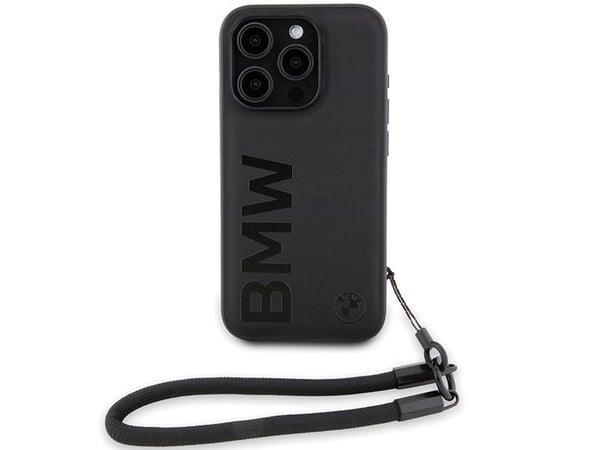 Skal BMW BMHCP15L23RMRLK för Apple iPhone 15 Pro 6,1" svart hårt skal Signature Leather Wordmark Cord