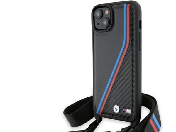 BMW Case BMHCP15M23PSVTK Apple iPhone 15 Plus / 14 Plus hardcase M Edition Carbon Tricolor Lines &amp; Strap svart / svart