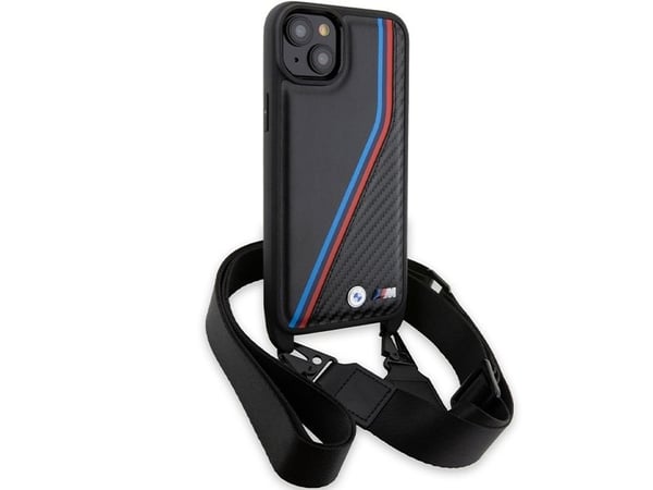 BMW Case BMHCP15M23PSVTK Apple iPhone 15 Plus / 14 Plus hardcase M Edition Carbon Tricolor Lines &amp; Strap svart / svart