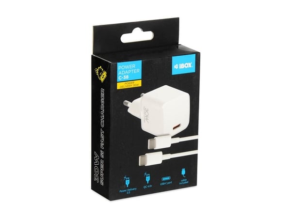 iBOX C-38CW - Strømadapter - 30 watt - 3 A - PD 3.0, QC 3.0, QC 4.0 (USB-C) - på kabel: USB-C