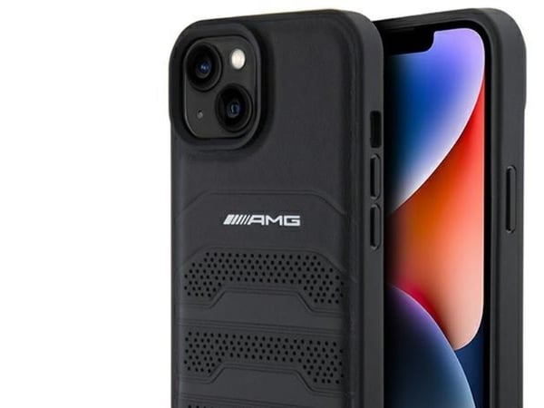 AMG AMHCP15MGSEBK hardt etui iPhone 15 Plus 6,7" svart skinn med pregede linjer