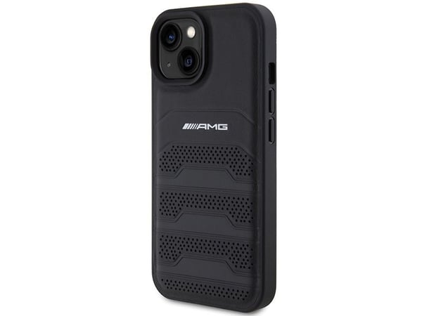 AMG AMHCP15MGSEBK hardt etui iPhone 15 Plus 6,7" svart skinn med pregede linjer