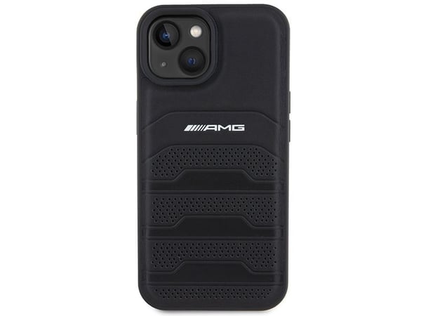 AMG AMHCP15MGSEBK hardt etui iPhone 15 Plus 6,7" svart skinn med pregede linjer