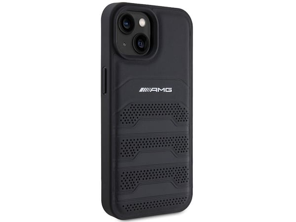 AMG AMHCP15MGSEBK hardt etui iPhone 15 Plus 6,7" svart skinn med pregede linjer
