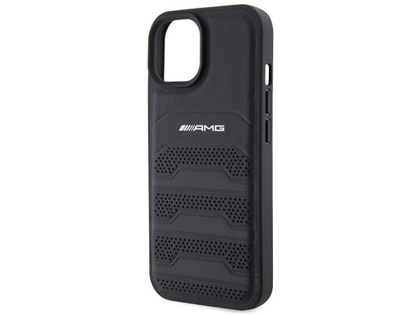 AMG AMHCP15MGSEBK kova kotelo iPhone 15 Plus 6.7" musta nahka kohokuvioitu linjat