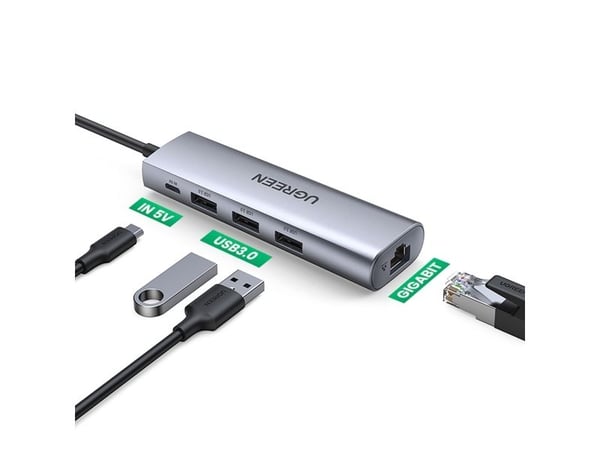 Ugreen 60812, Koblet med ledninger (ikke trådløs), USB 3.2 Gen 1 (3.1 Gen 1) Type-A, 10,100,1000 Mbit/s, Grå, Micro-USB, RJ-45, USB 3.2 Gen 1 (3.1 ...