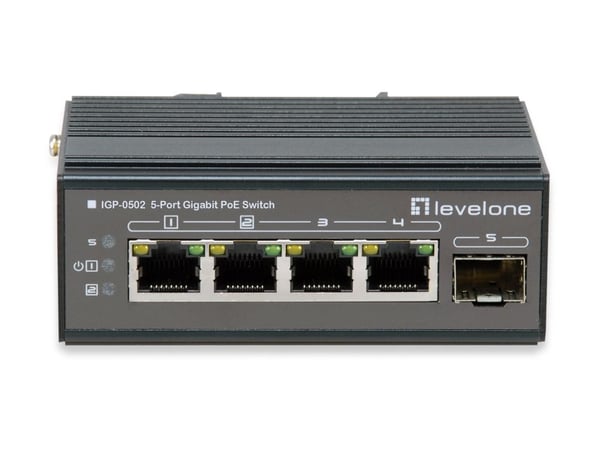 LevelOne IGP-0502 - Switch - -40°C to 75°C - 4 x 10/100/1000 (PoE+) + 1 x Gigabit SFP - stasjonær, DIN-skinnemonterbar, veggmonterbar - PoE+ (120 W)
