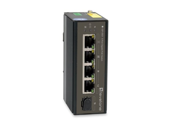 LevelOne IGP-0502 - Switch - -40°C to 75°C - 4 x 10/100/1000 (PoE+) + 1 x Gigabit SFP - stasjonær, DIN-skinnemonterbar, veggmonterbar - PoE+ (120 W)