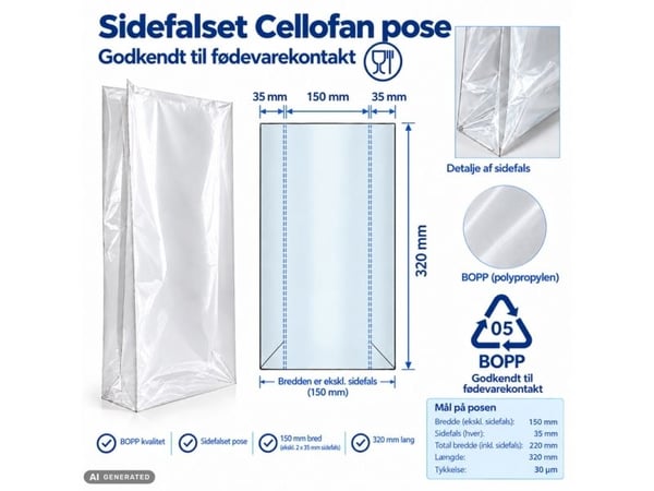 Cellofanpåse 150x70x315mm flat film cellofan 30µm transparent, paket a 1000 st
