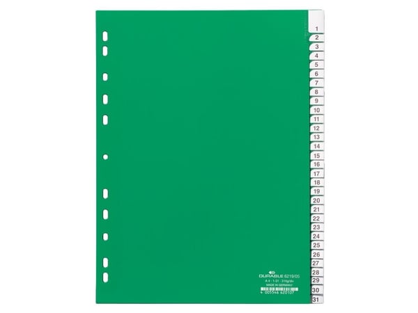 Durable 6219-05, Numeroitu välilehtihakemisto, Vihreä, Muotokuva, A4, 2, 4, 6, 230 mm