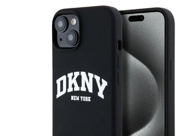 DKNY DKHMP14SSNYACH iPhone 14 / 15 / 13 6.1" musta kovakotelo nestemäinen silikoni valkoinen painettu logo MagSa