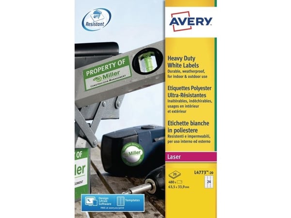 Avery Heavy Duty Laser Labels - Polyester - 63.5 x 33.9 mm 480 etikett(er) (20 ark x 24) merkelapper