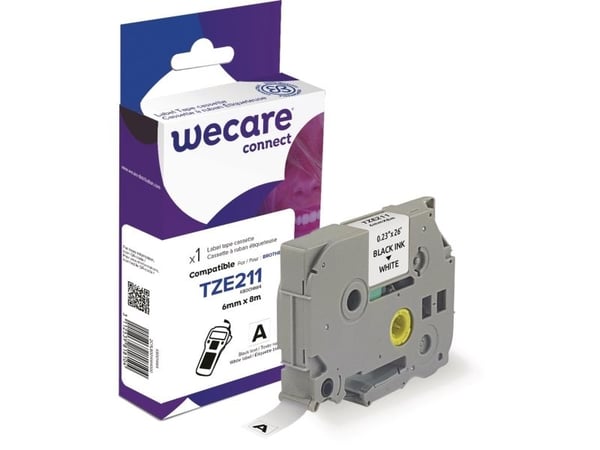 Texttejp Wecare, kompatibel med TZE-211, 6 mm, svart/vit