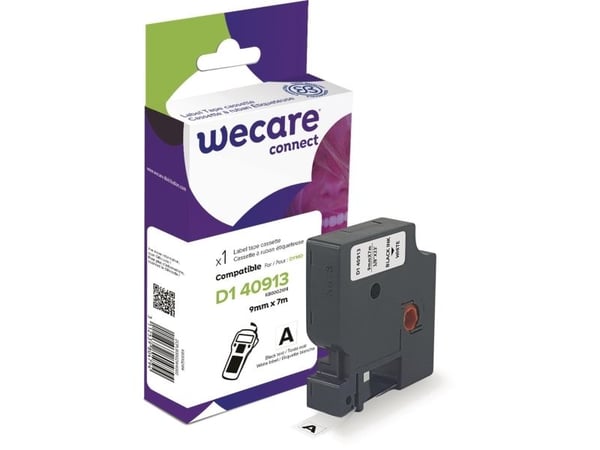 Teksttape, Wecare, alternativ til Dymo D1, 9 mm, sort på hvid