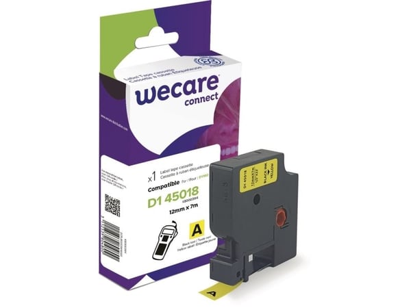 Teksttape, Wecare, alternativ til Dymo D1, 12 mm, sort på gul