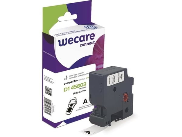 Teksttape, Wecare, alternativ til Dymo D1, 19 mm, sort på hvid