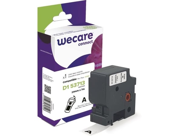 Teksttape, Wecare, alternativ til Dymo D1, 24 mm, sort på hvid