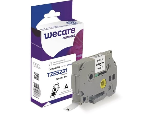 Textband, Wecare, kompatibelt med Brother TZE-S231, 12 mm, svart/vitt