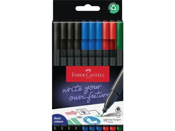 Faber-Castell Grip Finepen, musta, Sininen, Vihreä, Punainen, 0,4 mm, Hienojakoinen, Kolmio, Metalli, Pahvilaatikko
