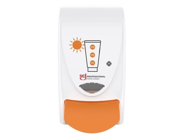 Dispenser, SCJ Professional Sun Protect, 1000 ml, vit, plast, manuell, med orange knapp, 1,0 ml per dos