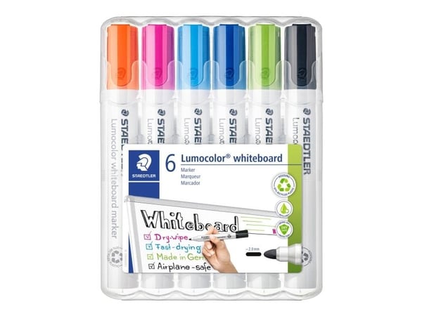 STAEDTLER Lumocolor valkotaulumerkintä 351, 6 kpl:n setti, viivan leveys: 2,0 mm, luodinkärki, uudelleentäytettävä, DRY SAFE, - 1 kpl (351 WP6-1)