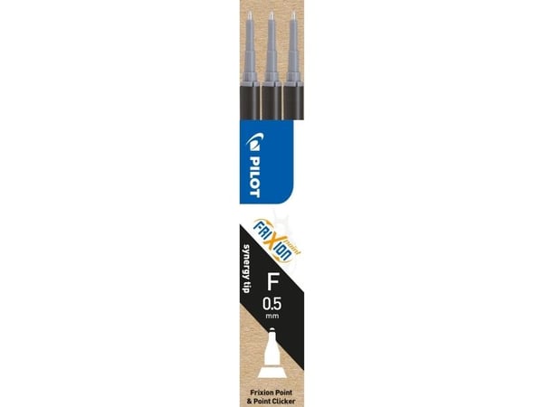 Kuglepensrefills, PILOT FriXion Point, 0,5 mm, nålespids, sort, pakke med 3 stk