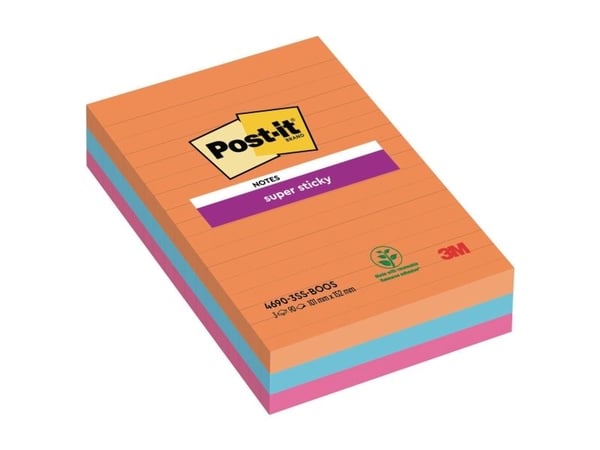 Post-it Super Sticky Notes Boost, linjerede, 101 mm x 152 mm, pakke a 3 stk
