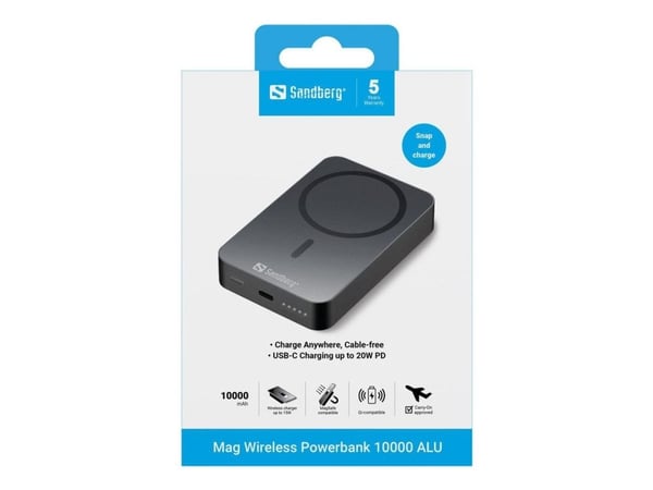Sandberg Mag Wireless 10000 ALU varavirtalähde 10000 mAh 20 W 3 A USB-C, musta