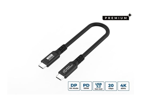 MicroConnect Premium - USB-kabel - USB-C (hann) til USB-C (hann) - USB 3.2 Gen 2x2 - 20 V - 5 A - 0,15 m - USB Power Delivery (100 W), 4K 60Hz støt...
