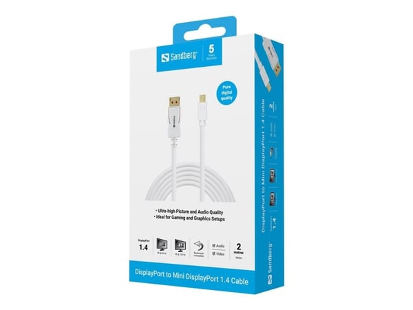 Sandberg DP-MiniDP 1.4 8K60Hz 2m, DisplayPort, Mini DisplayPort, Uros, Uros, 7680 x 4320 pikseliä, Valkoinen