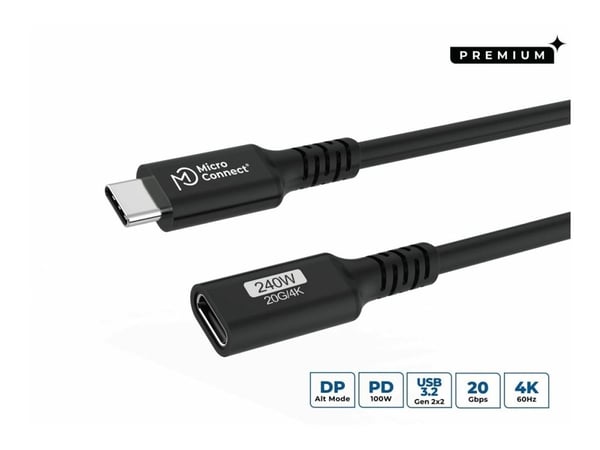 MicroConnect Premium - USB-förlängningskabel - USB-C (hona) till USB-C (hane) - USB 3.2 Gen 2x2 - 20 V - 5 A - 1 m - USB-strömförsörjning (100W), 4...