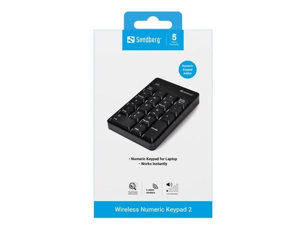 Sandberg Wireless Numeric Keypad 2, Langaton RF, 18, Kannettava tietokone/PC, 0 m, Musta