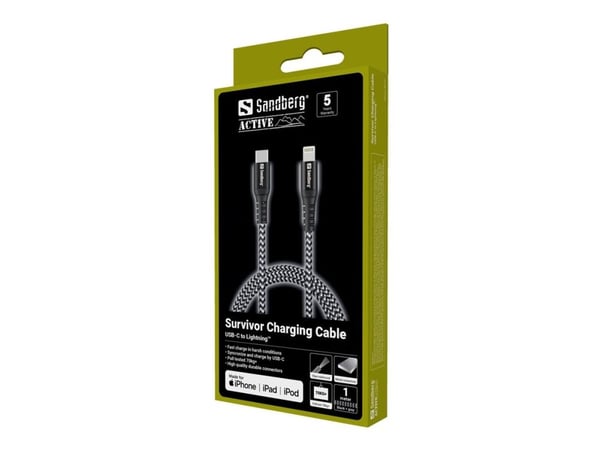 Sandberg Survivor - Lightning-kabel - Lightning hann til USB-C hann - 1 m - grå, svart - Power Delivery-støtte