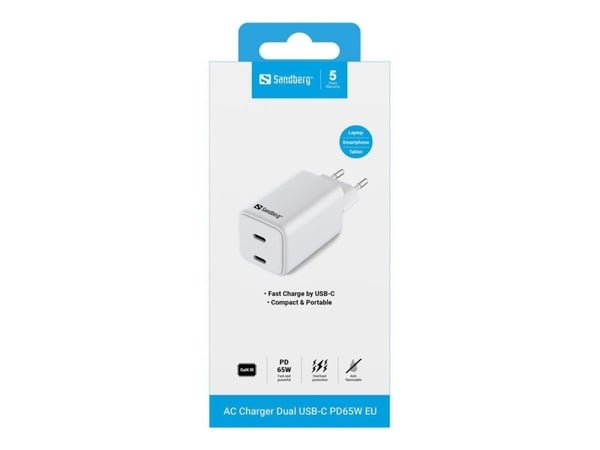 Sandberg AC-laturi Dual USB-C PD65W EU, 2 USB-C-porttia