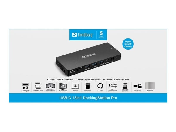 Sandberg 13-in-1 Pro - Dockningsstation - USB-C - DP, 2 x HDMI - 1GbE