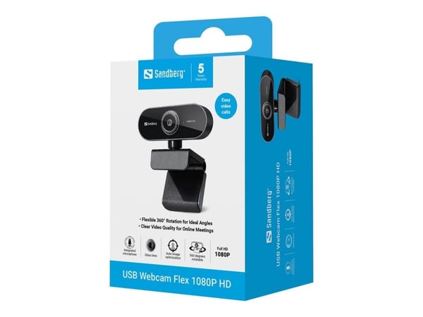 Sandberg USB Webcam Flex 1080P HD, 2 MP, 1920 x 1080 pikseliä, Full HD, 30 fps, USB, Musta