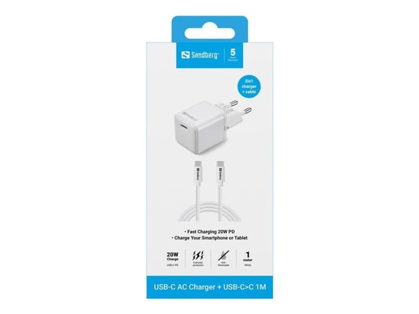 Sandberg - Strømadapter - 2-i-1 - 20 watt - 3 A - PD (USB-C) - på kabel: USB-C - hvit - Europa - med USB-C til USB-C kabel