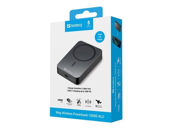 Sandberg Mag Wireless 10000 ALU varavirtalähde 10000 mAh 20 W 3 A USB-C, musta