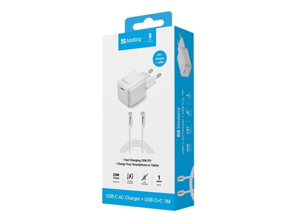 Sandberg - Strømadapter - 2-i-1 - 20 watt - 3 A - PD (USB-C) - på kabel: USB-C - hvit - Europa - med USB-C til USB-C kabel